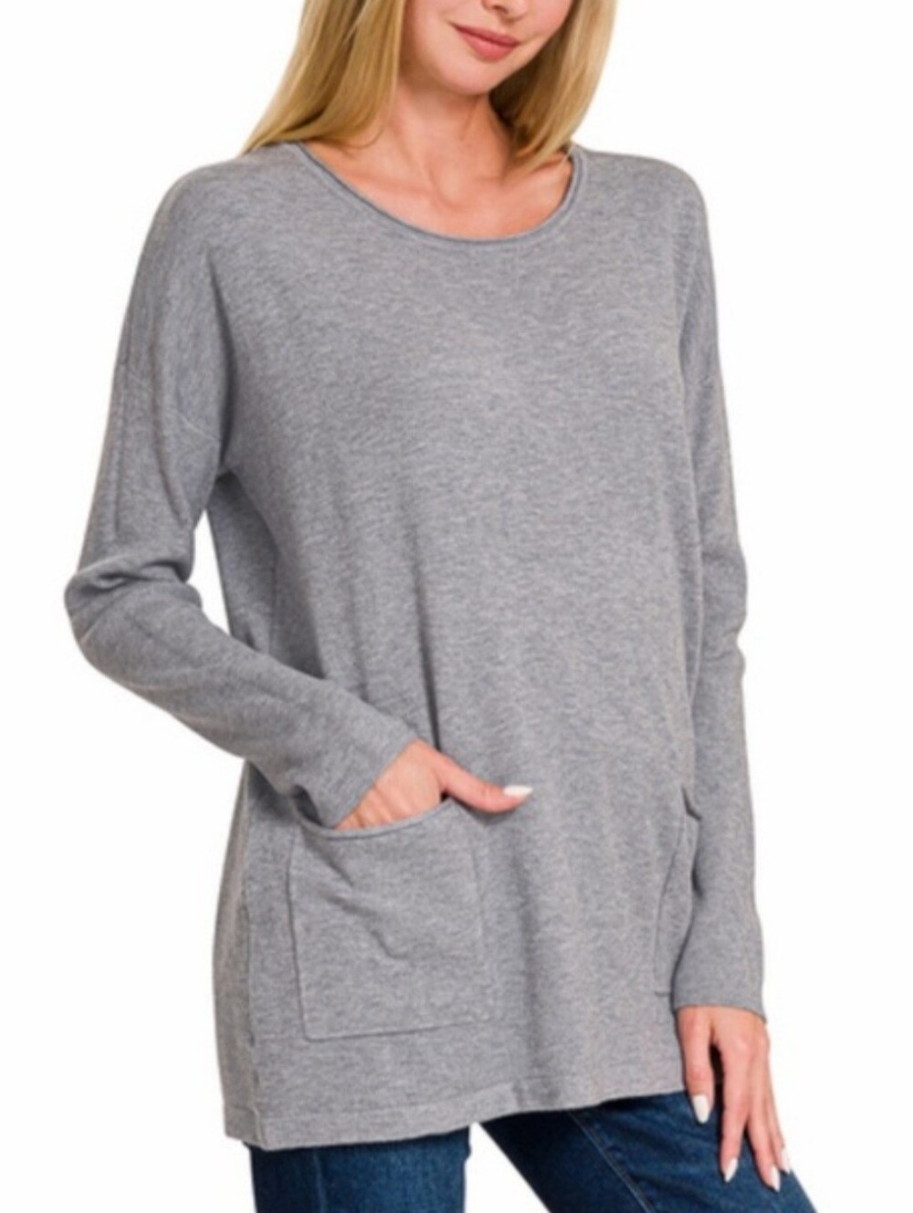 Zenana Viscose Gray Pocket Knit Top